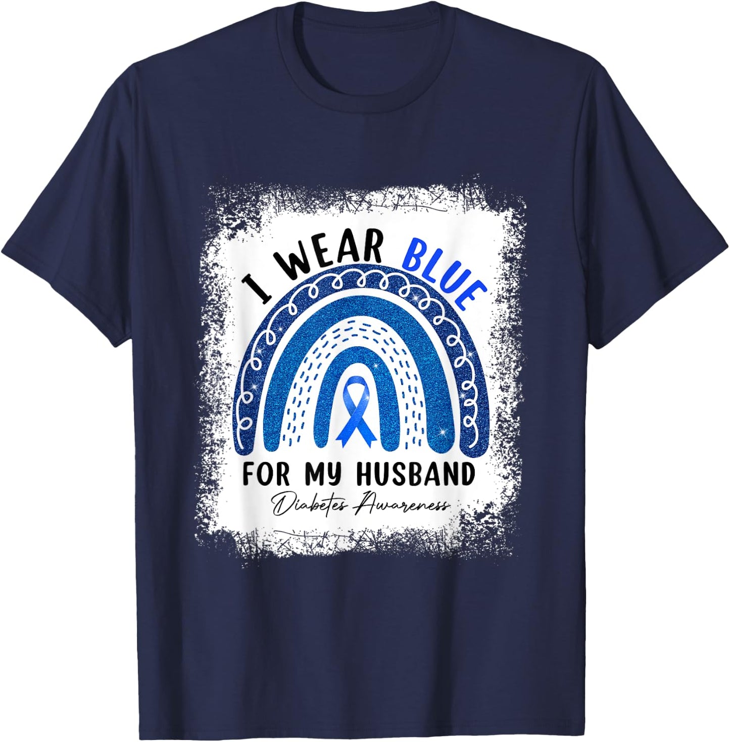 Rainbow I Wear Blue Ribbon For My Husband Diabetes Awareness T-Shirt - T-Shirt | Navy