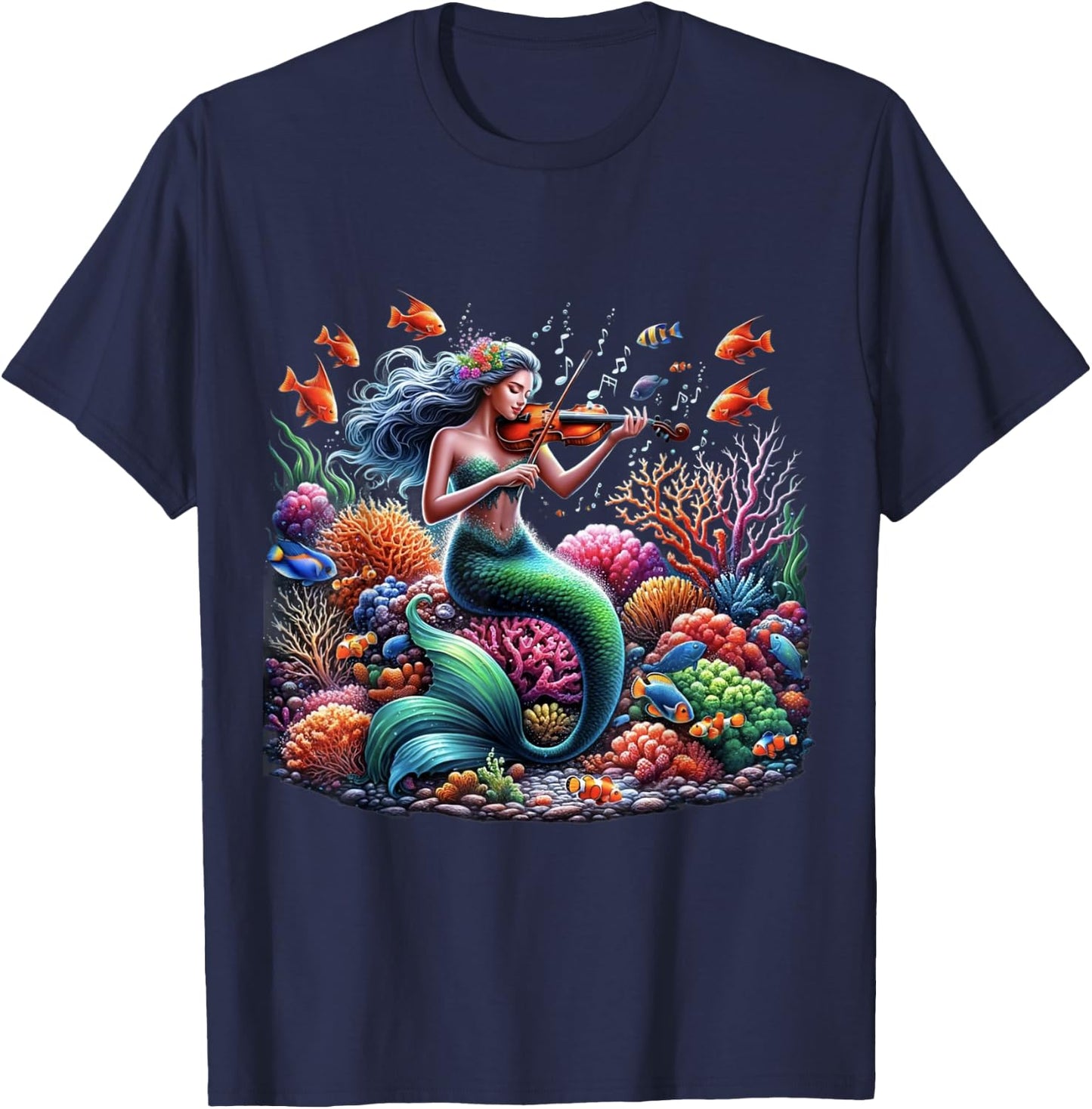 Mermaid With Violin Underwater Music Print T-Shirt - T-Shirt | Navy