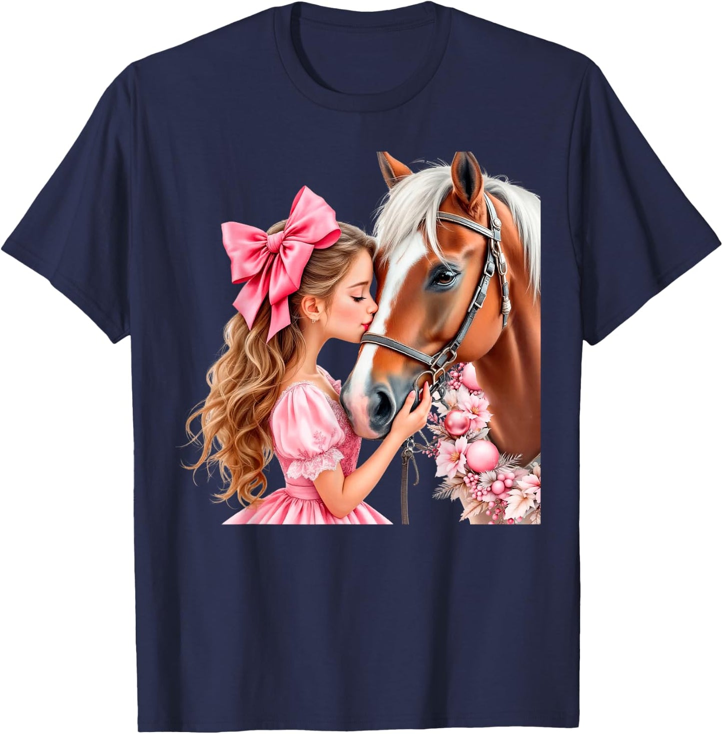 Horse Christmas Girl Equestrian Rider Cowgirl Pink Floral T-Shirt - T-Shirt | Navy