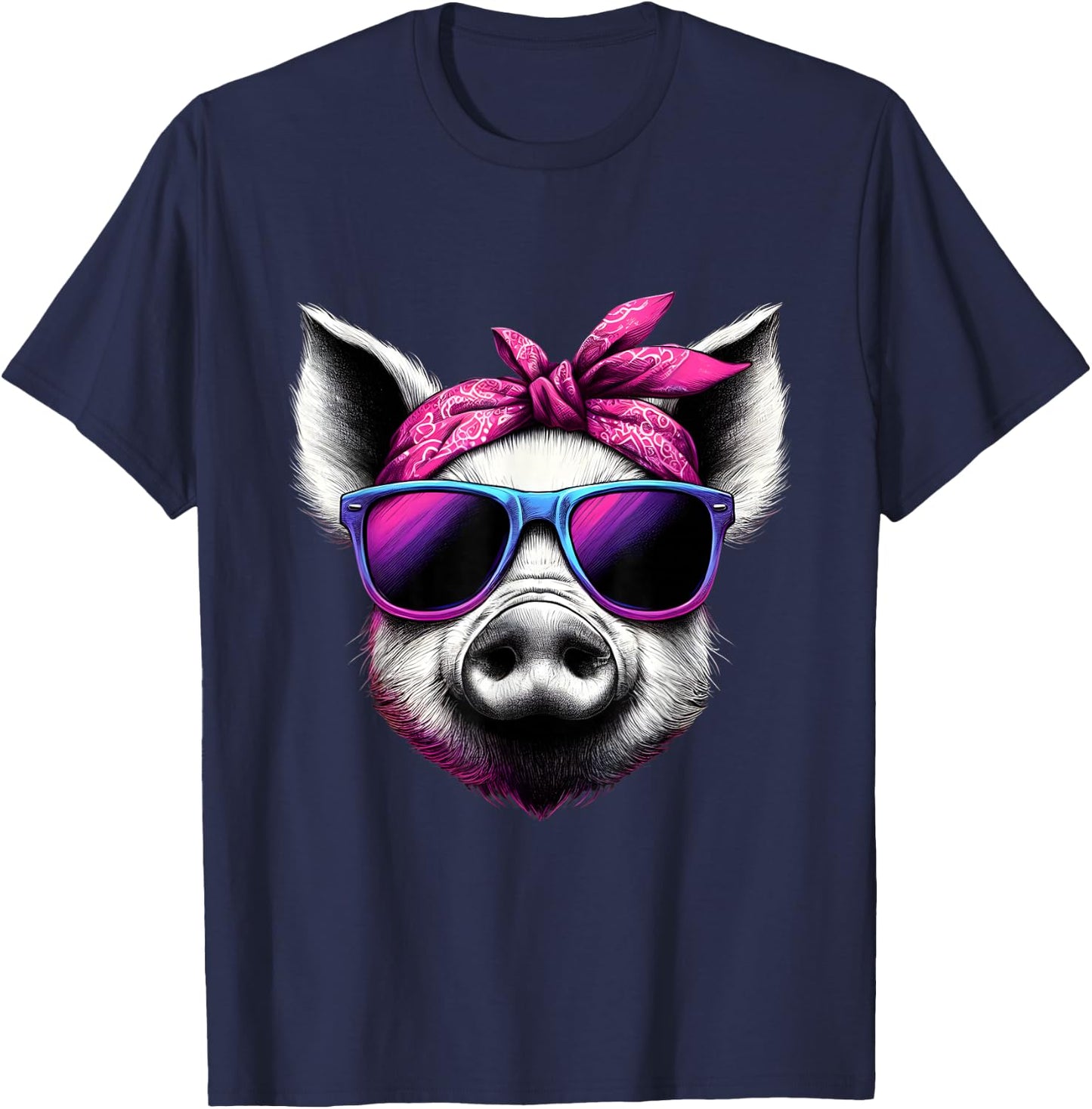 Pig Wearing A Pink Bandana Headband And Sunglasses T-Shirt - T-Shirt | Navy