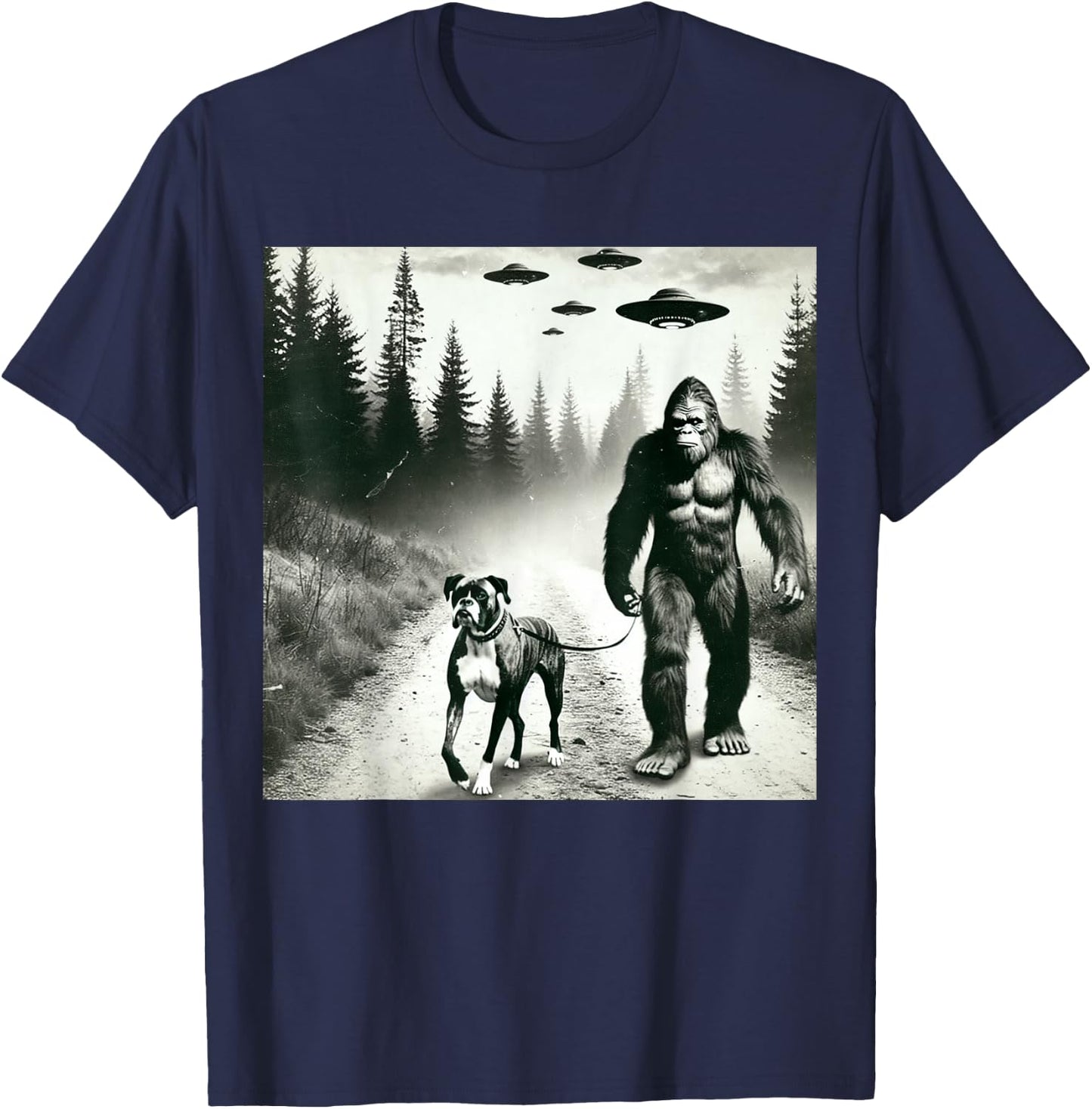 Funny Bigfoot Walking With Boxer Dog. Bigfoot And Dog UFO T-Shirt - T-Shirt | Navy