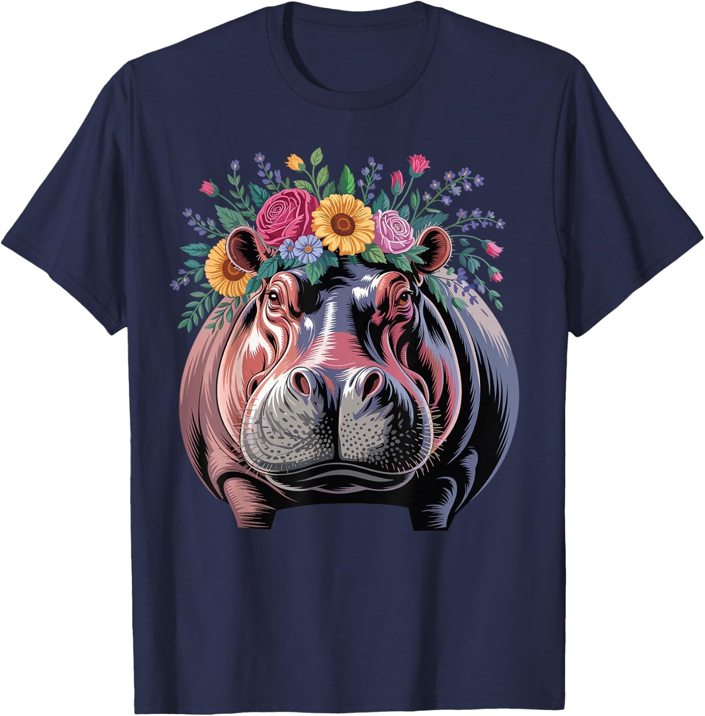 Floral Aesthetic Hippopotamus Lover Animal Face Hippo T-Shirt - T-Shirt | Navy
