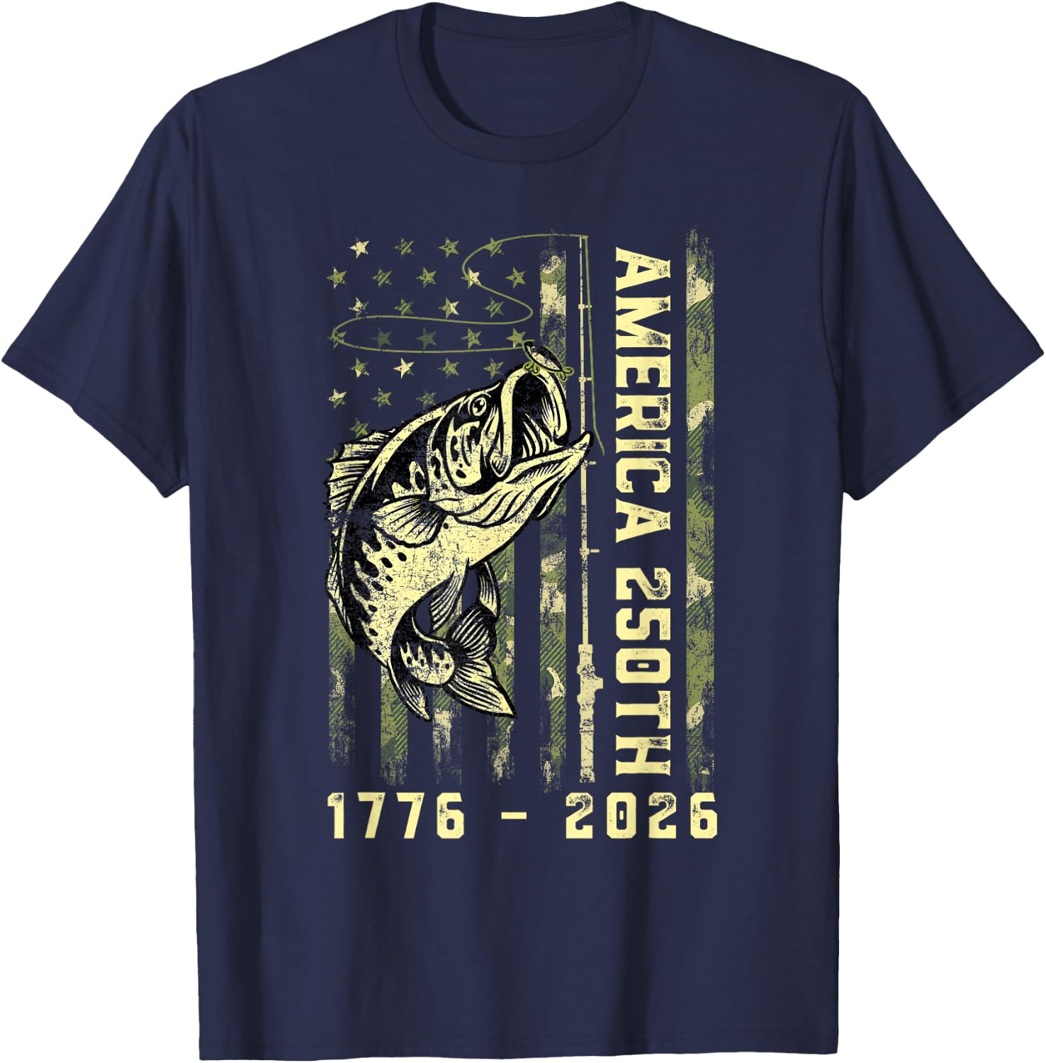 250 Years American 1776 2026 Fishing USA Flag Fish Lover T-Shirt - T-Shirt | Navy