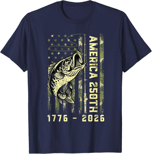250 Years American 1776 2026 Fishing USA Flag Fish Lover T-Shirt - T-Shirt | Navy