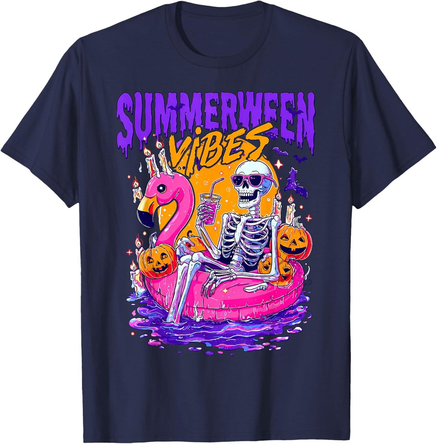 Summerween Funny Skeletons Halloween Floating Pool Pumpkin T-Shirt - T-Shirt | Navy