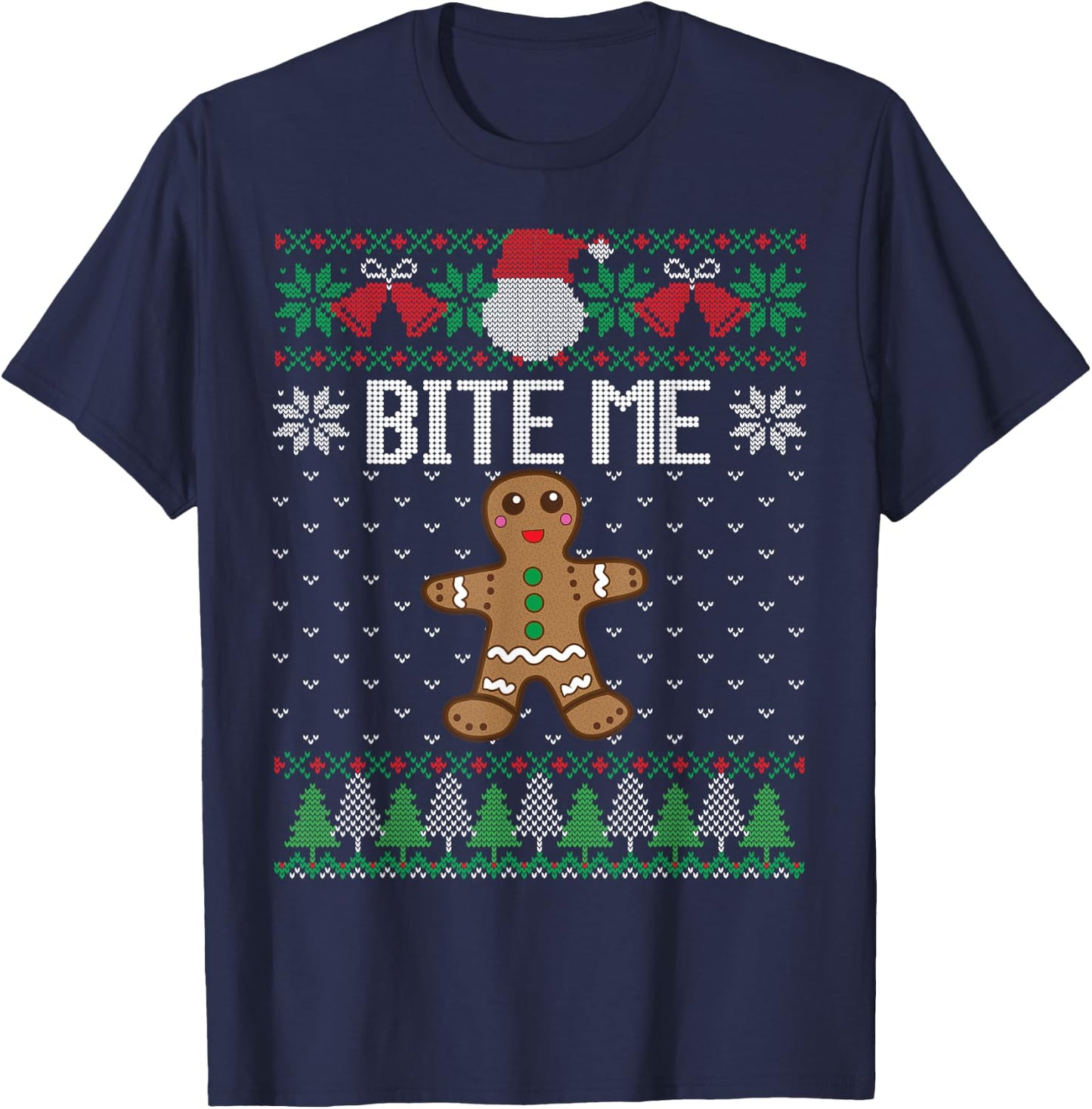 Funny Ugly Christmas Sweater Bite Me Gingerbread Man T-Shirt - T-Shirt | Navy