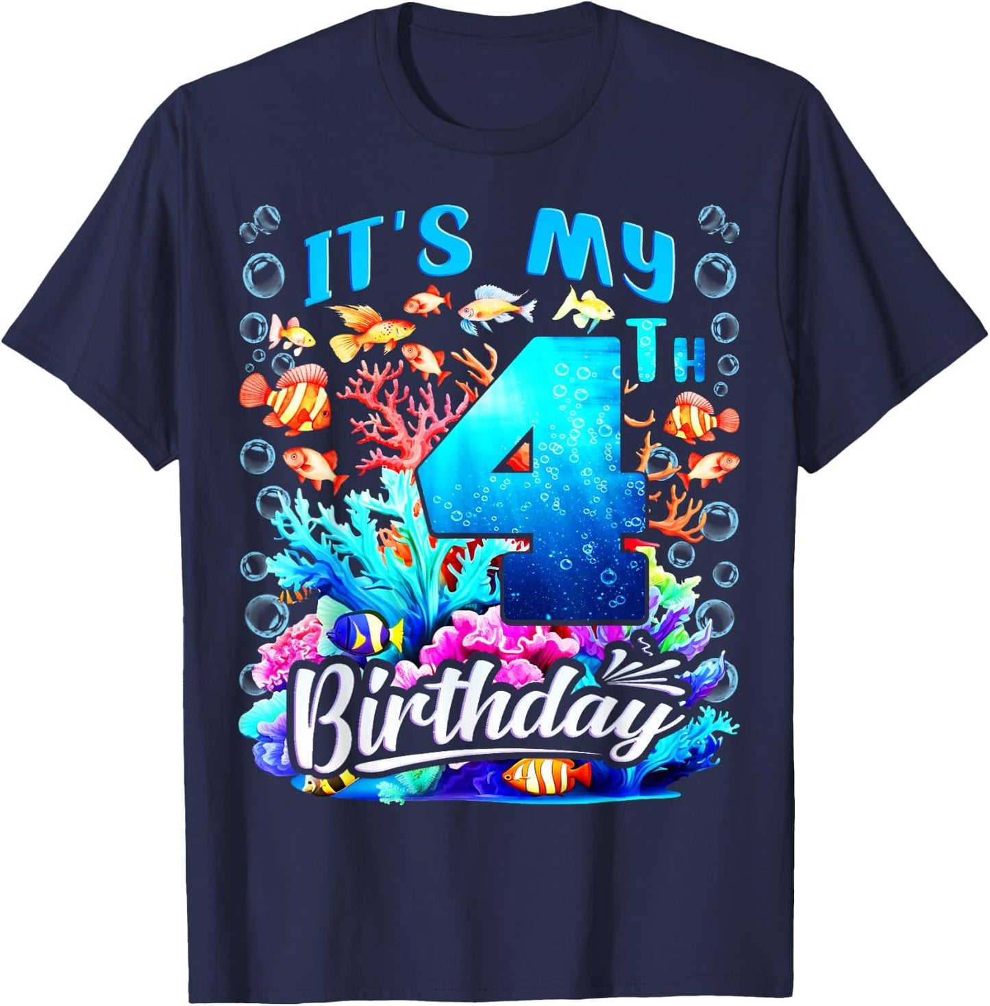 It's My 4th Birthday Boy Sea Fish Ocean Animals Aquarium T-Shirt - T-Shirt | Navy