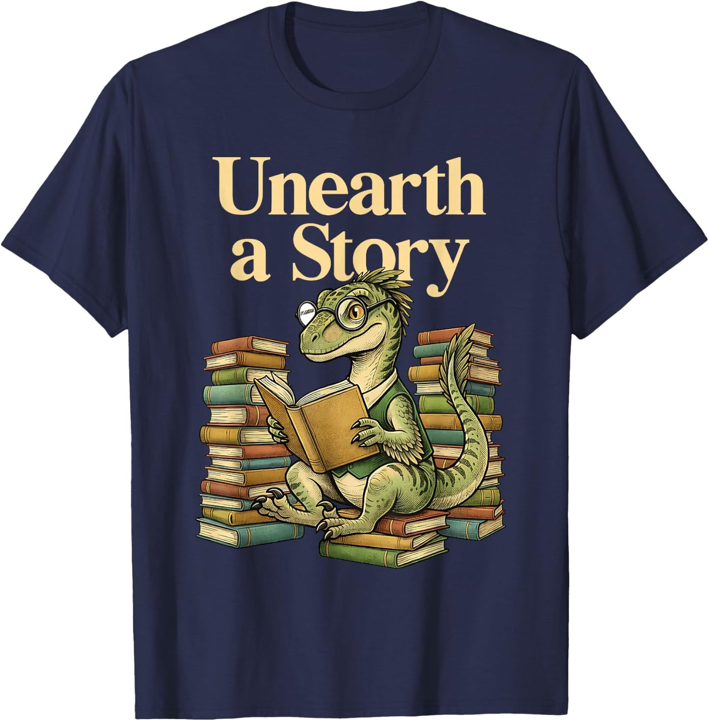 Unearth A Story Summer Reading 2026 Dinosaur Book Floral T-Shirt - T-Shirt | Navy