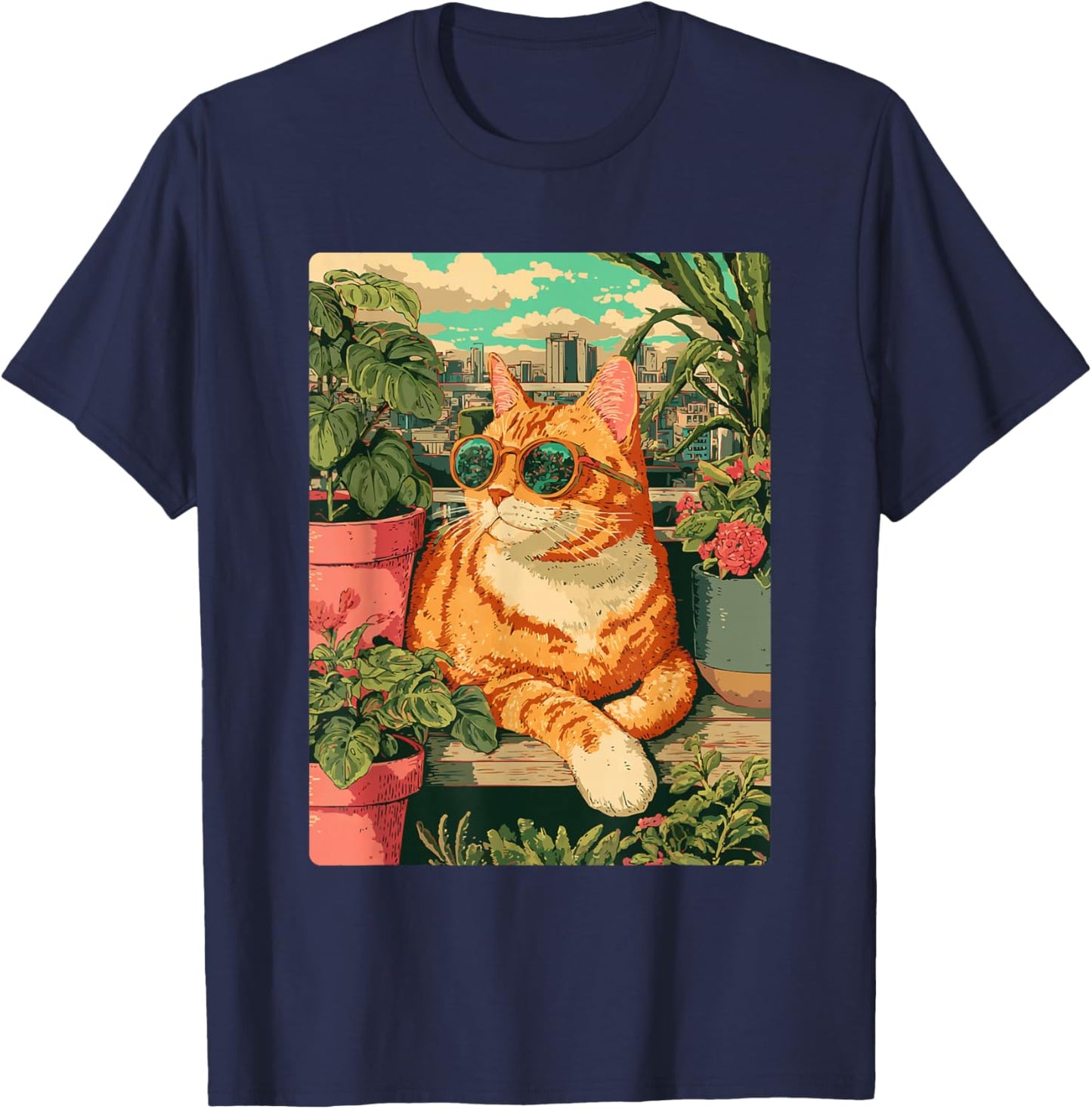Chat tigré Roux avec Lunettes de Soleil Art Floral botanique Printemps T-Shirt - T-Shirt | Navy