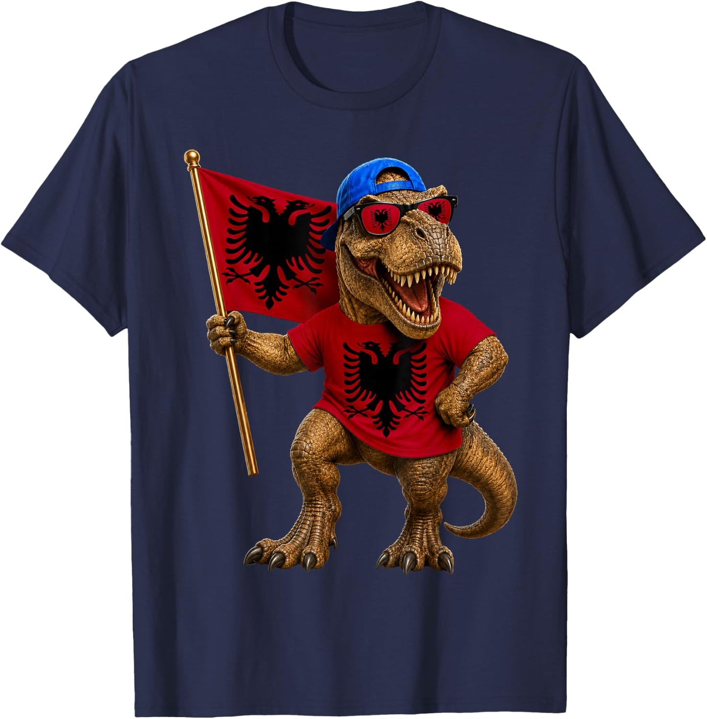 Albanian Flag Dinosaur Roots T-Rex Pride Albania T-Shirt - T-Shirt | Navy