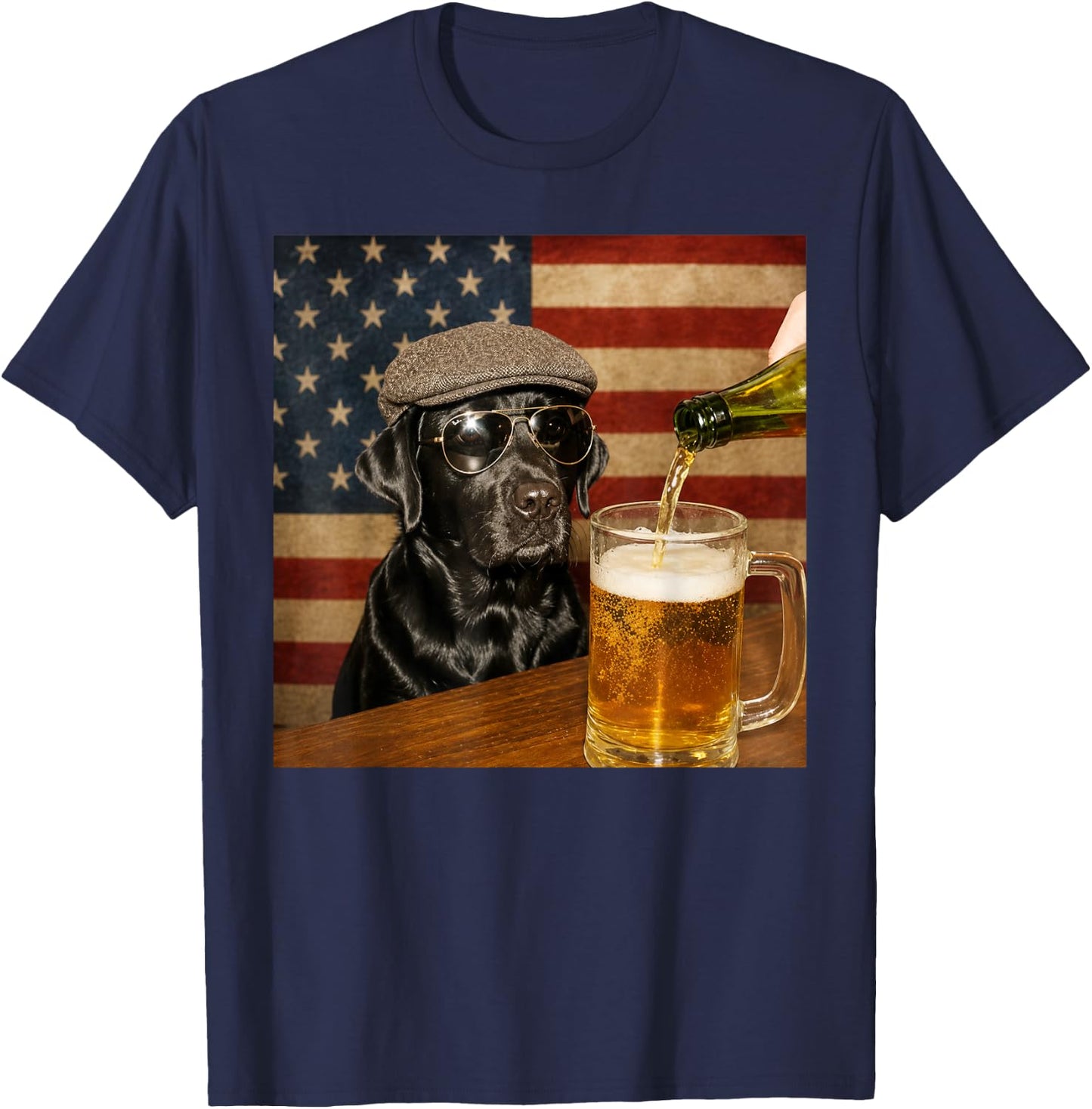 Black Lab Drinking Beer Funny Dog Glasses with Hat Meme T-Shirt - T-Shirt | Navy