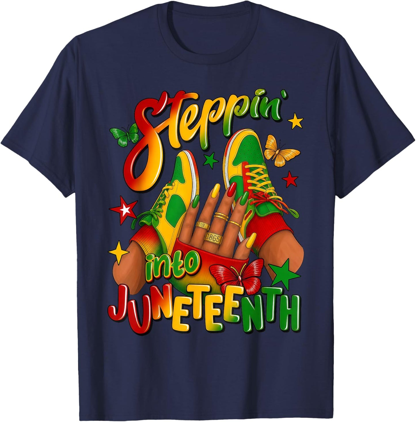 Steppin' Into Juneteenth 1865 Melanin Queen Afro Black Woman T-Shirt - T-Shirt | Navy