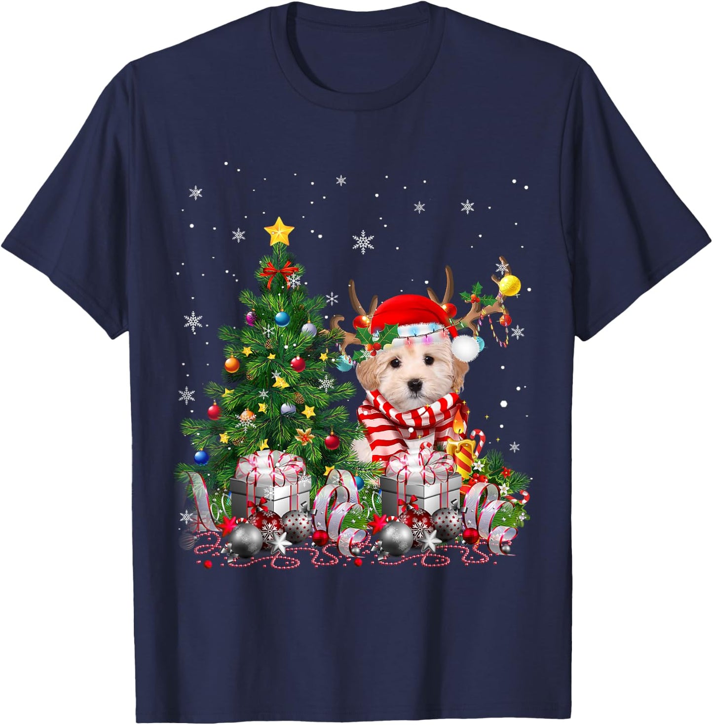 Maltipoo Dog Christmas Tree Lights Santa Pajamas Xmas Women Kids T-Shirt - T-Shirt | Navy