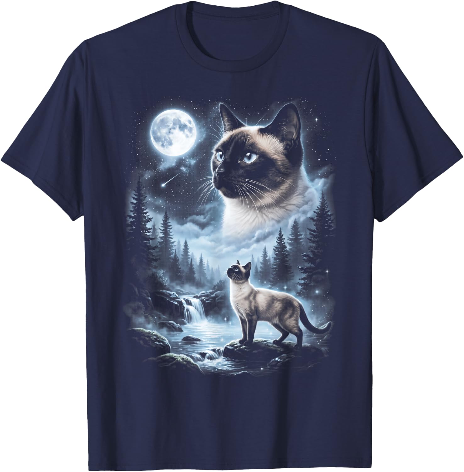 Siamese Cat Howling at Moon 90's Retro T-Shirt - T-Shirt | Navy