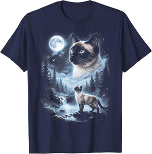 Siamese Cat Howling at Moon 90's Retro T-Shirt - T-Shirt | Navy