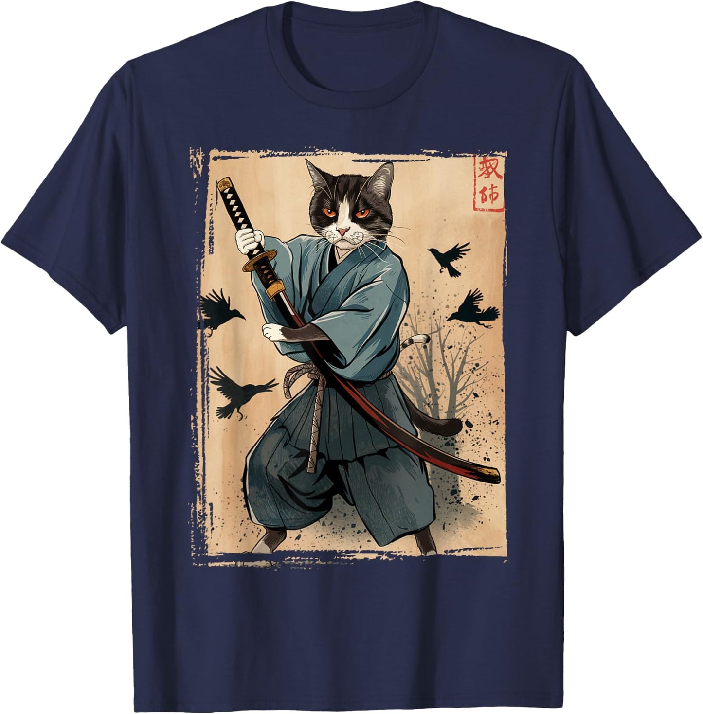 Samurai Cat Anime Cool Funny Graphic Women Kids T-Shirt - T-Shirt | Navy