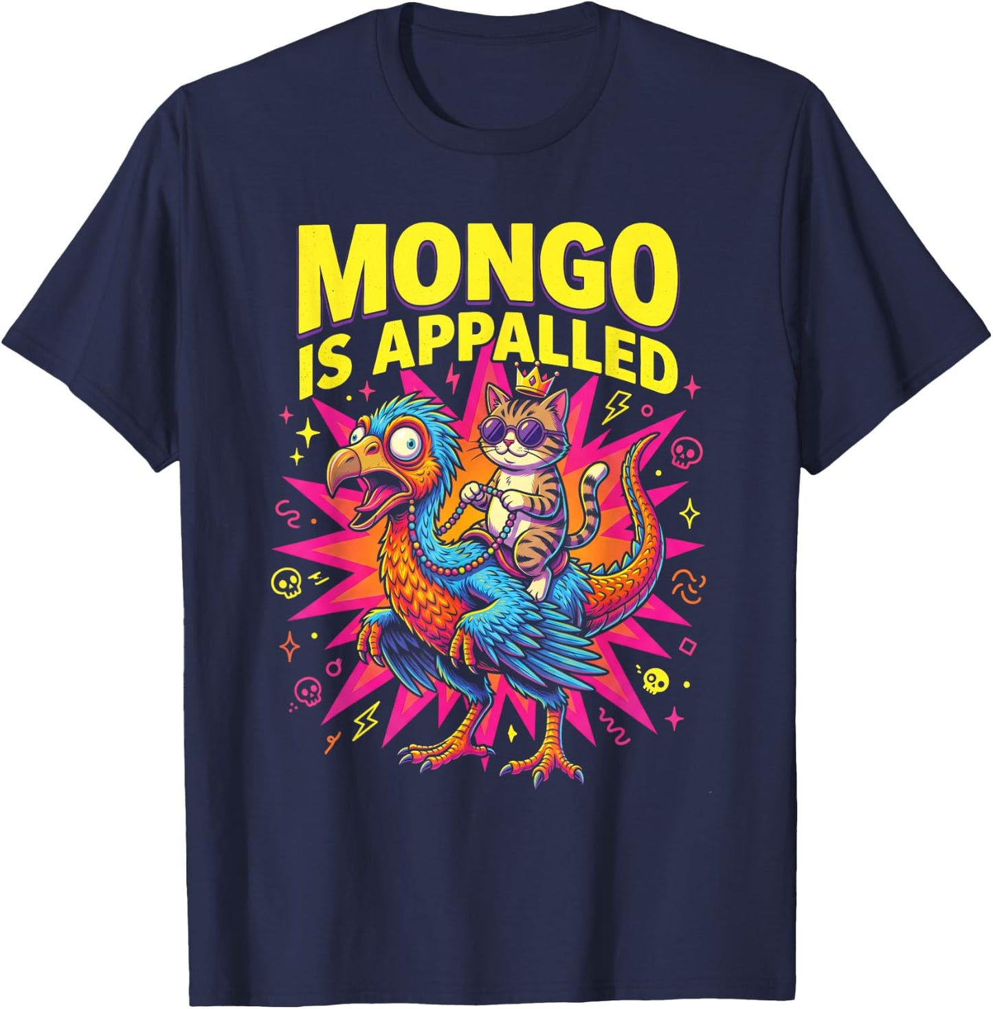 Mongo is Appalled Funny Cat Riding Dinosaur Meme T-Shirt - T-Shirt | Navy
