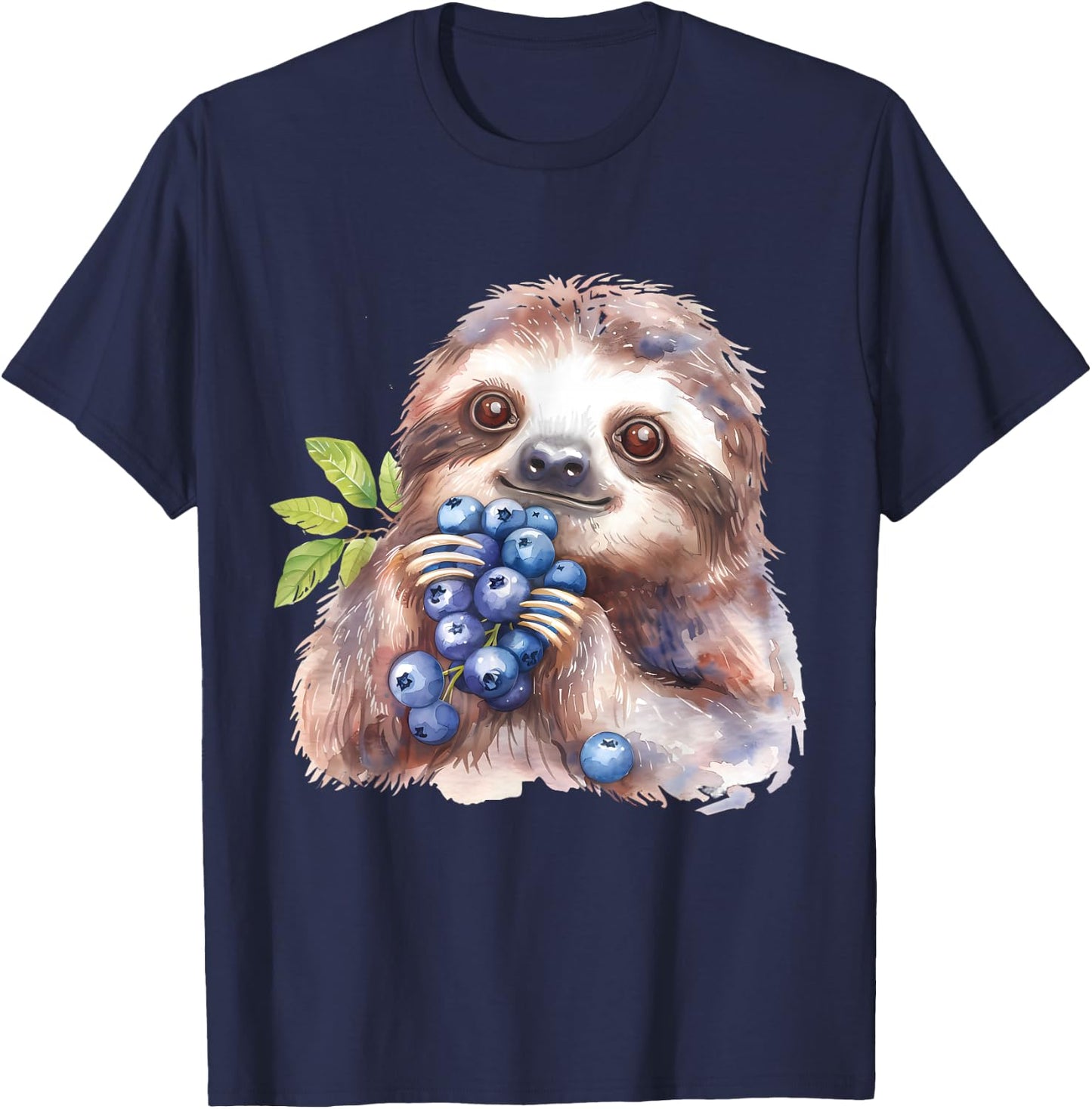 Blueberry Sloth Watercolor Motif Blueberries Animal Art T-Shirt - T-Shirt | Navy
