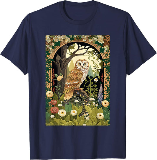 Cottagecore Floral Aesthetic Owl Women Girls T-Shirt - T-Shirt | Navy