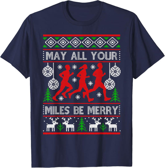 Christmas May All Your Miles Be Merry, Runner Christmas T-Shirt - T-Shirt | Navy