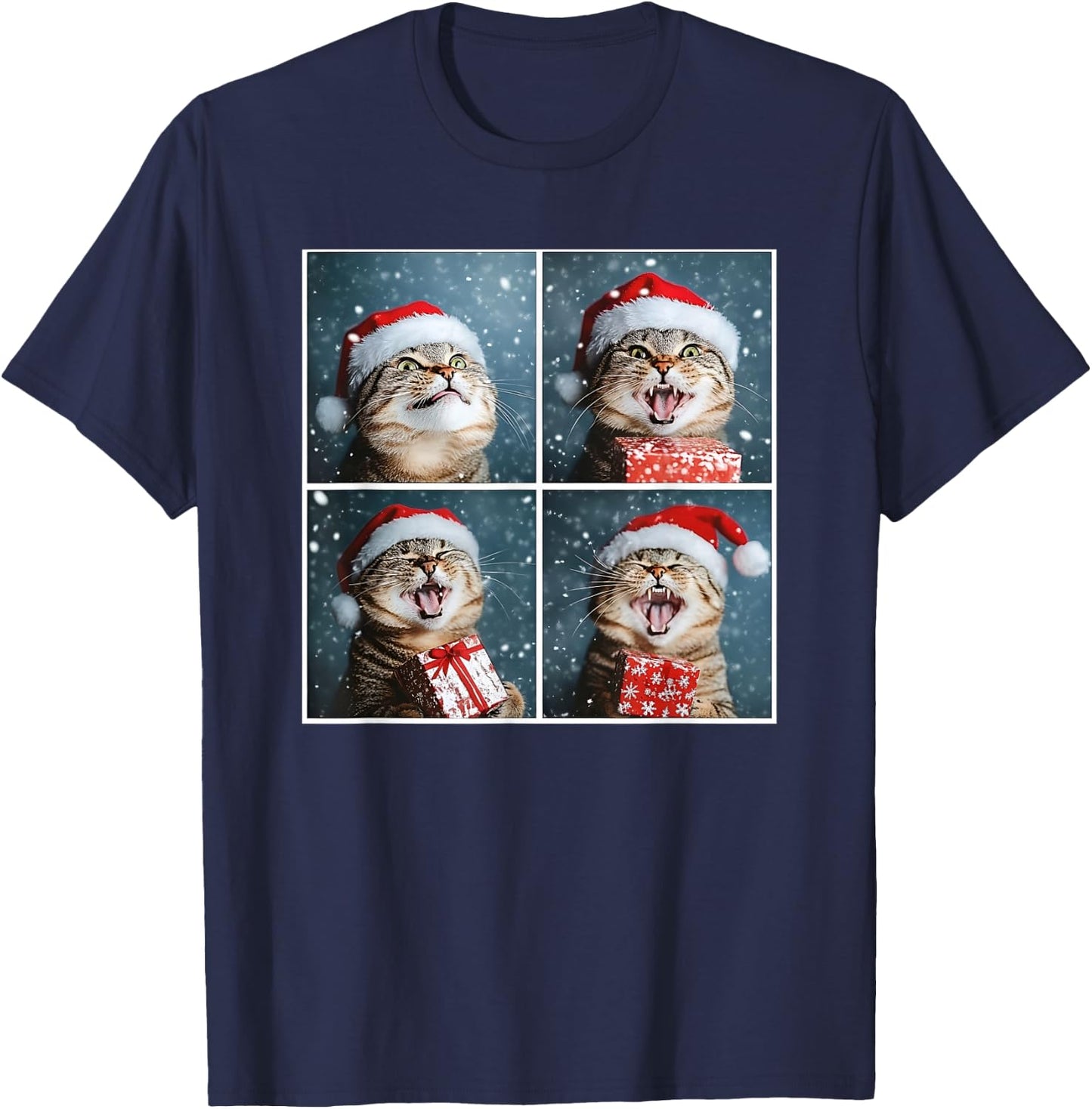 Winter Tabby Cat In Santa Hat Funny Christmas Cat T-Shirt - T-Shirt | Navy