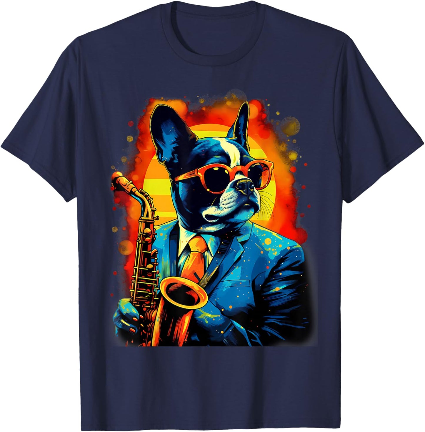 Jazz Musician Boston Terrier Dog Saxophone T-Shirt - T-Shirt | Navy