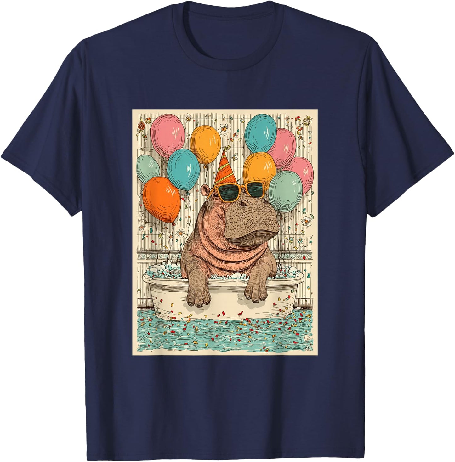 Hippo Birthday Party Balloons Bathtub Art Print T-Shirt - T-Shirt | Navy