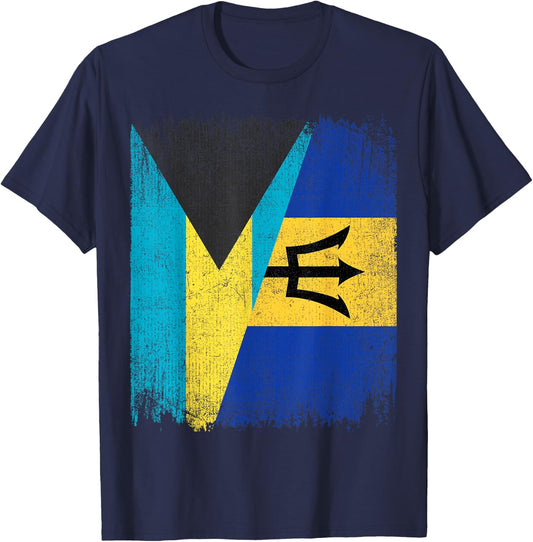 Half Bahamas Barbados Split Flag Bahamian Pride Roots T-Shirt - T-Shirt | Navy