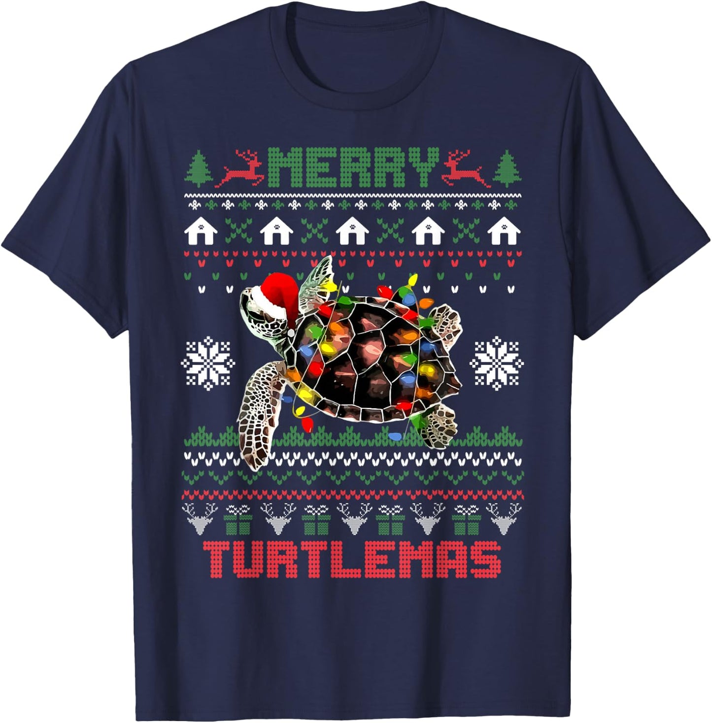Merry Turtlemas Christmas Lights Cute Turtle Santa Hat T-Shirt - T-Shirt | Navy