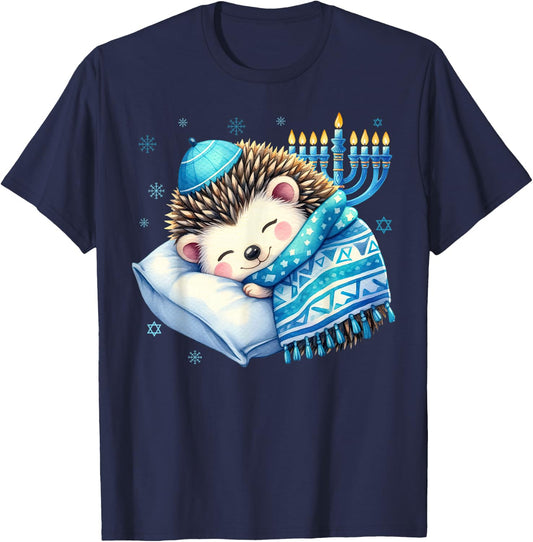 Pretty Sleepy Jewish Pyjamas Hedgehog Hanukkah , Black, S T-Shirt - T-Shirt | Navy