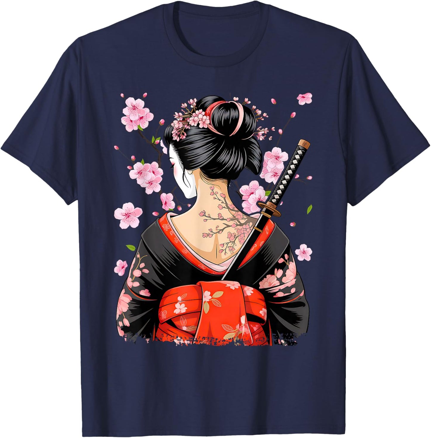 Japanese Samurai Girl Sakura Cherry Blossom Geisha T-Shirt - T-Shirt | Navy