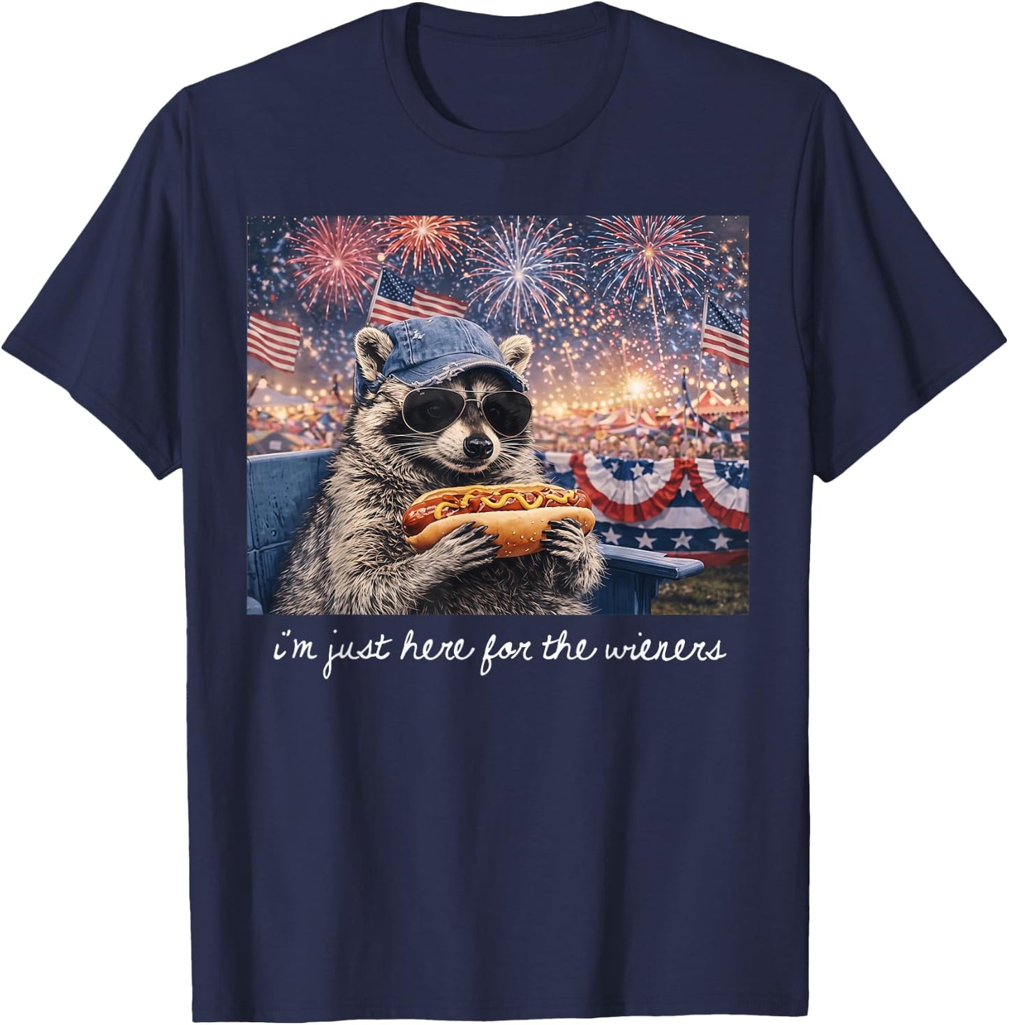 I'm Just Here for The Wieners Vintage Raccoon 4th of July T-Shirt - T-Shirt | Navy