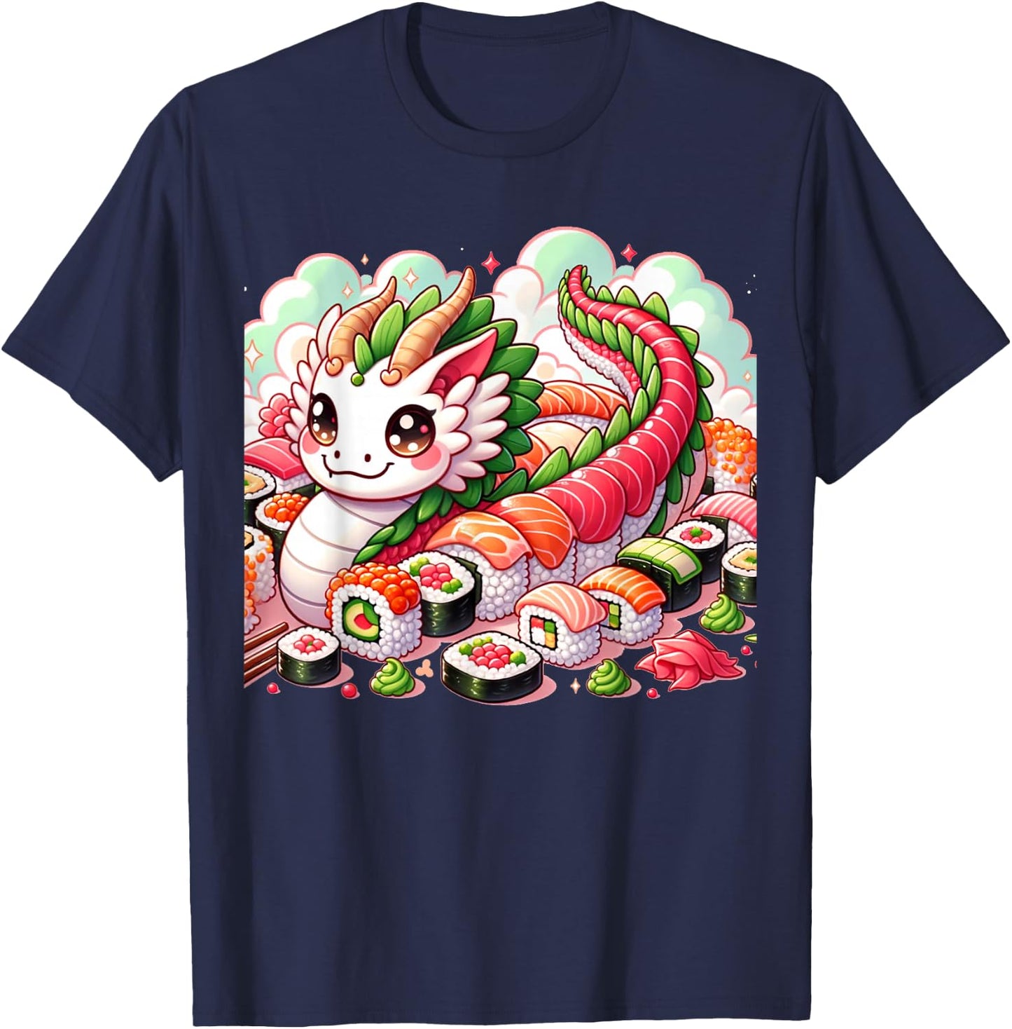 Pink Kawaii Sushi Dragon: Japanese Food & Anime Delights T-Shirt - T-Shirt | Navy