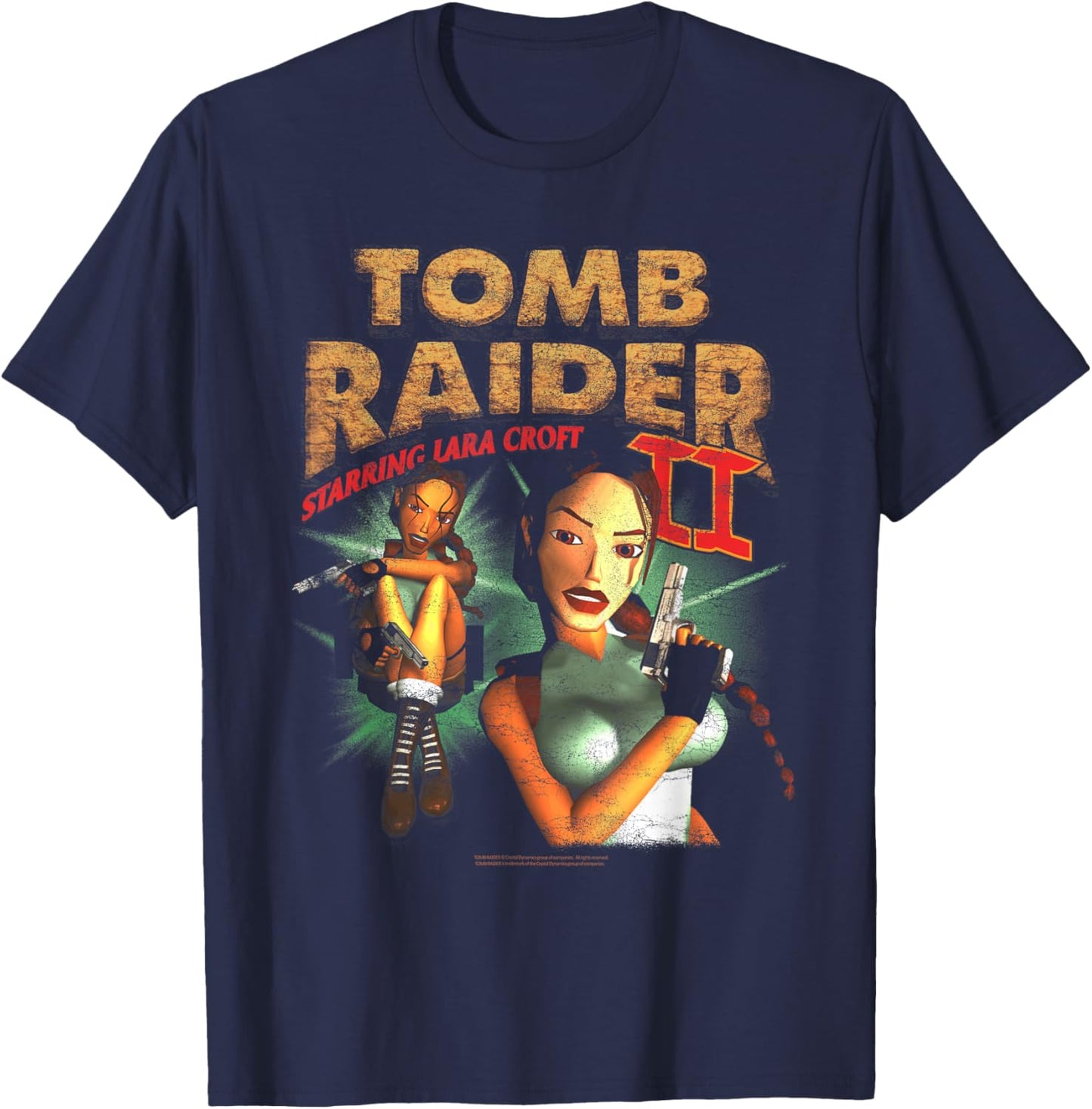 Tomb Raider II Staring Lara Croft Vintage Collage Video Game T-Shirt - T-Shirt | Navy