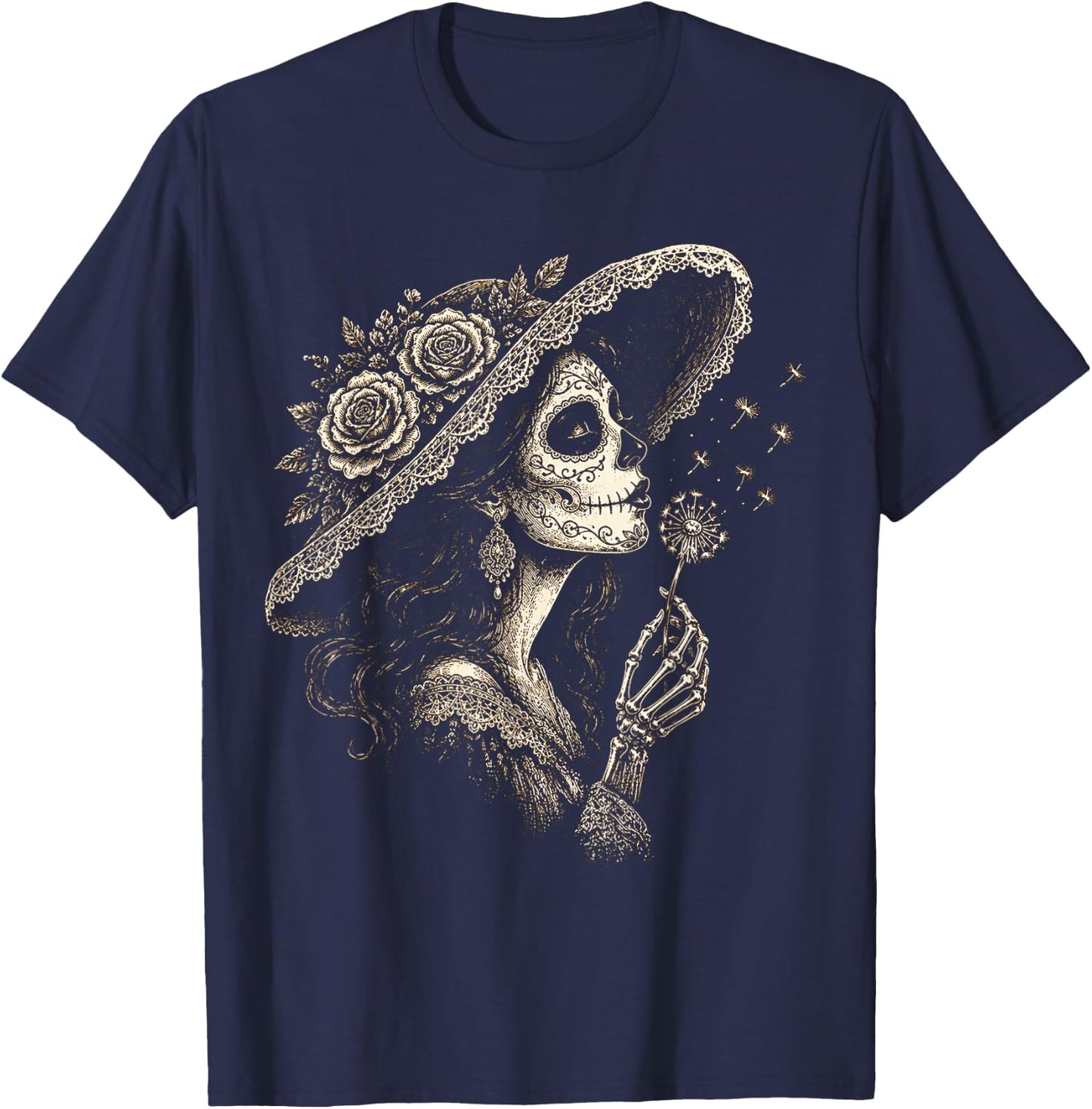 la Catrina Blowing Wish Sugar Skull Lady Dandelion Art T-Shirt - T-Shirt | Navy