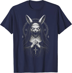 Creepy Dark Bunny Nun Horror Gothic Unholy Aesthetic Demon T-Shirt - T-Shirt | Navy