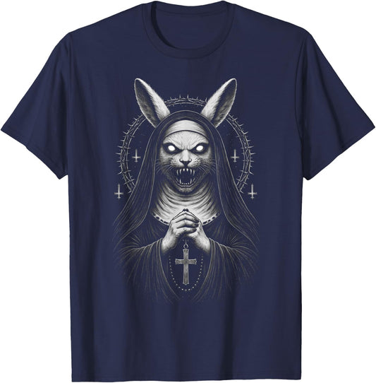Creepy Dark Bunny Nun Horror Gothic Unholy Aesthetic Demon T-Shirt - T-Shirt | Navy