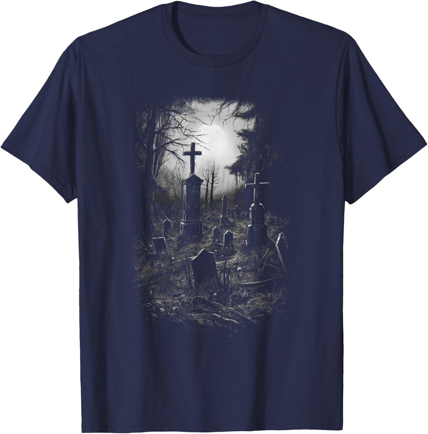 Cemetery Gothic Gravestone Halloween Ghost Dark T-Shirt - T-Shirt | Navy