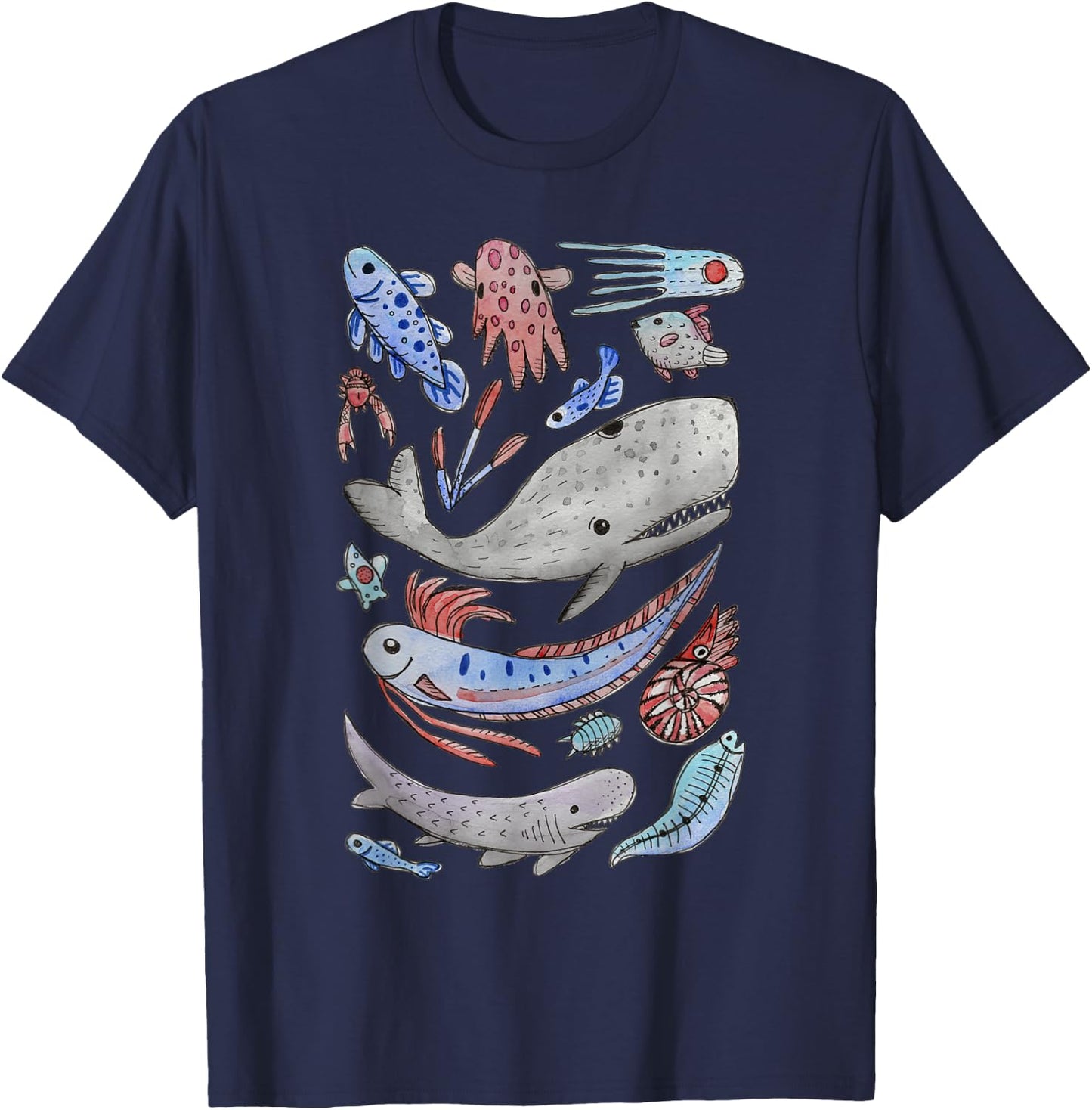 Deep Sea Ocean Creatures Oarfish Whale Shark Watercolor T-Shirt - T-Shirt | Navy