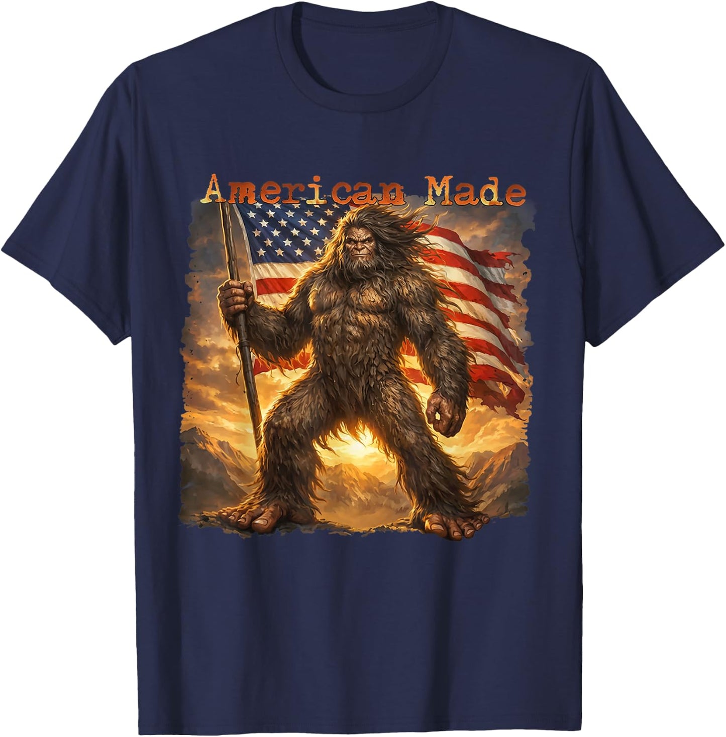 American Made Funny Bigfoot USA Flag Retro T-Shirt - T-Shirt | Navy