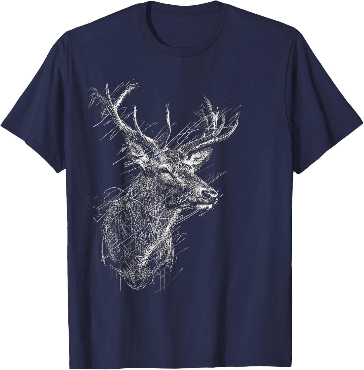 Deer Drawing Animal Zoo Illustration Deer , Black, S T-Shirt - T-Shirt | Navy