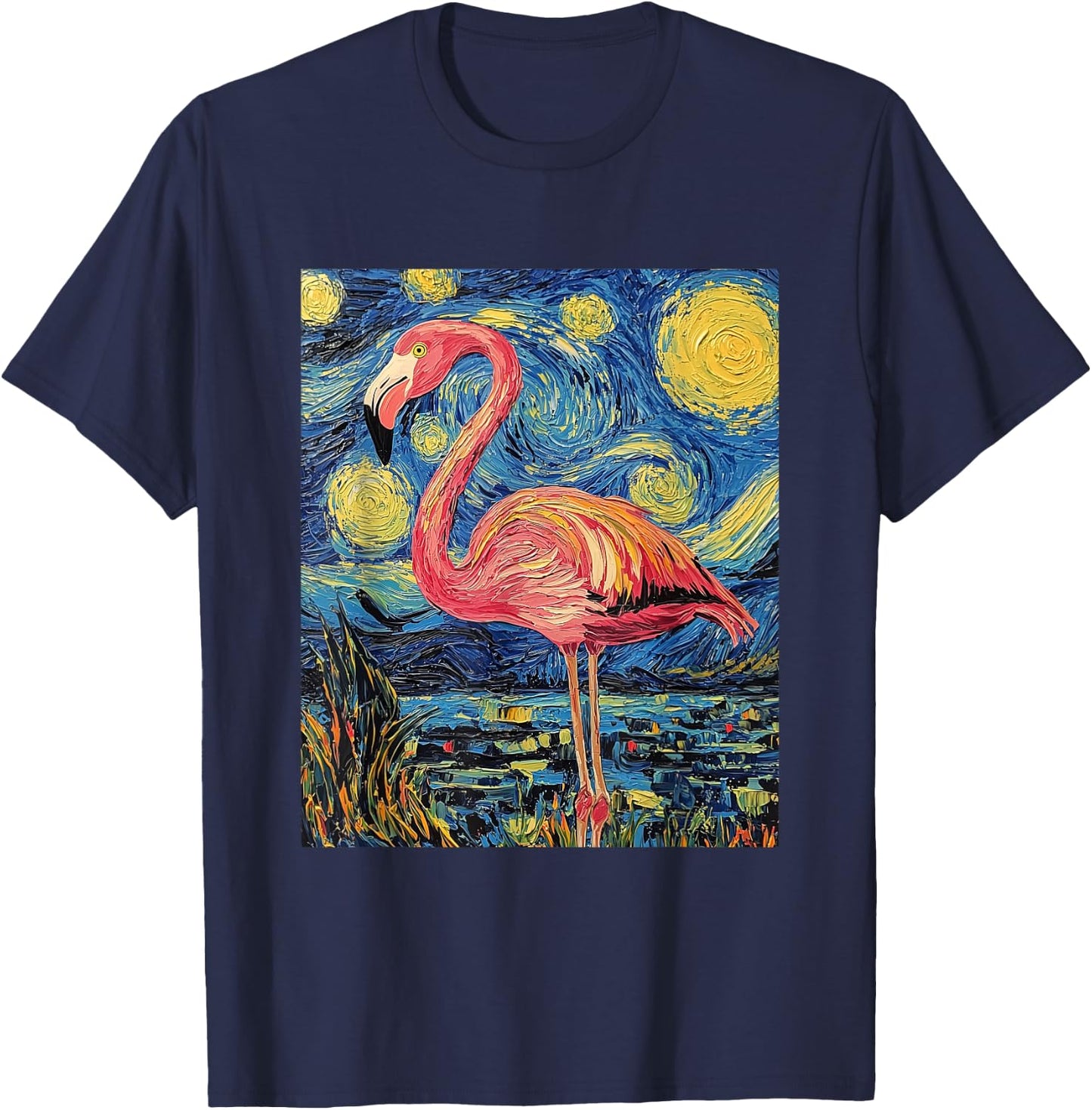 Cute Flamingo - Van Gogh Style - Starry Night T-Shirt - T-Shirt | Navy