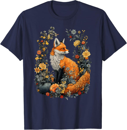 Fox Floral Garden Wildlife Nature Art Cottagecore Flowers T-Shirt - T-Shirt | Navy