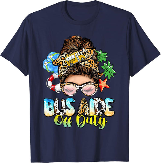 Buses Consultant Messy Bun Leopard Last Day of School T-Shirt - T-Shirt | Navy