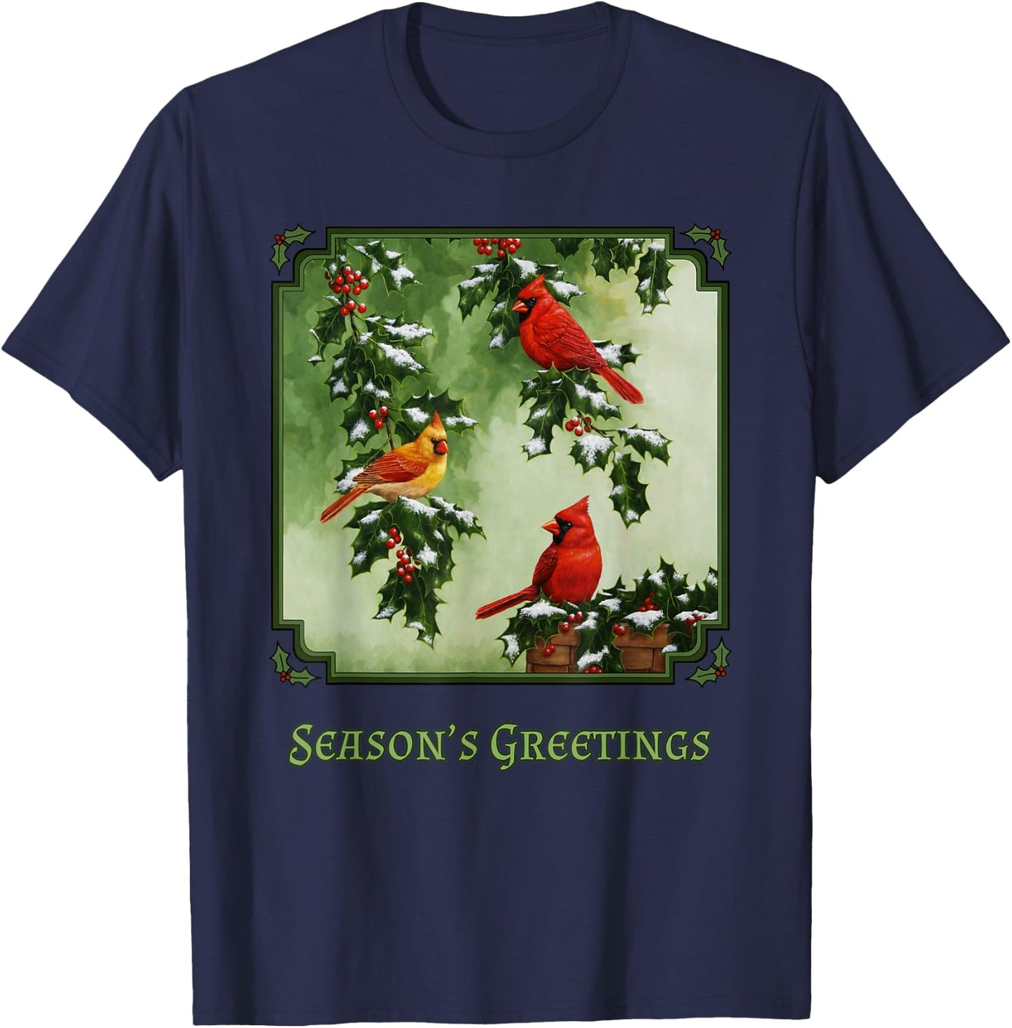 Red Cardinal Birds Christmas Holly Berries Leaves Snow T-Shirt - T-Shirt | Navy