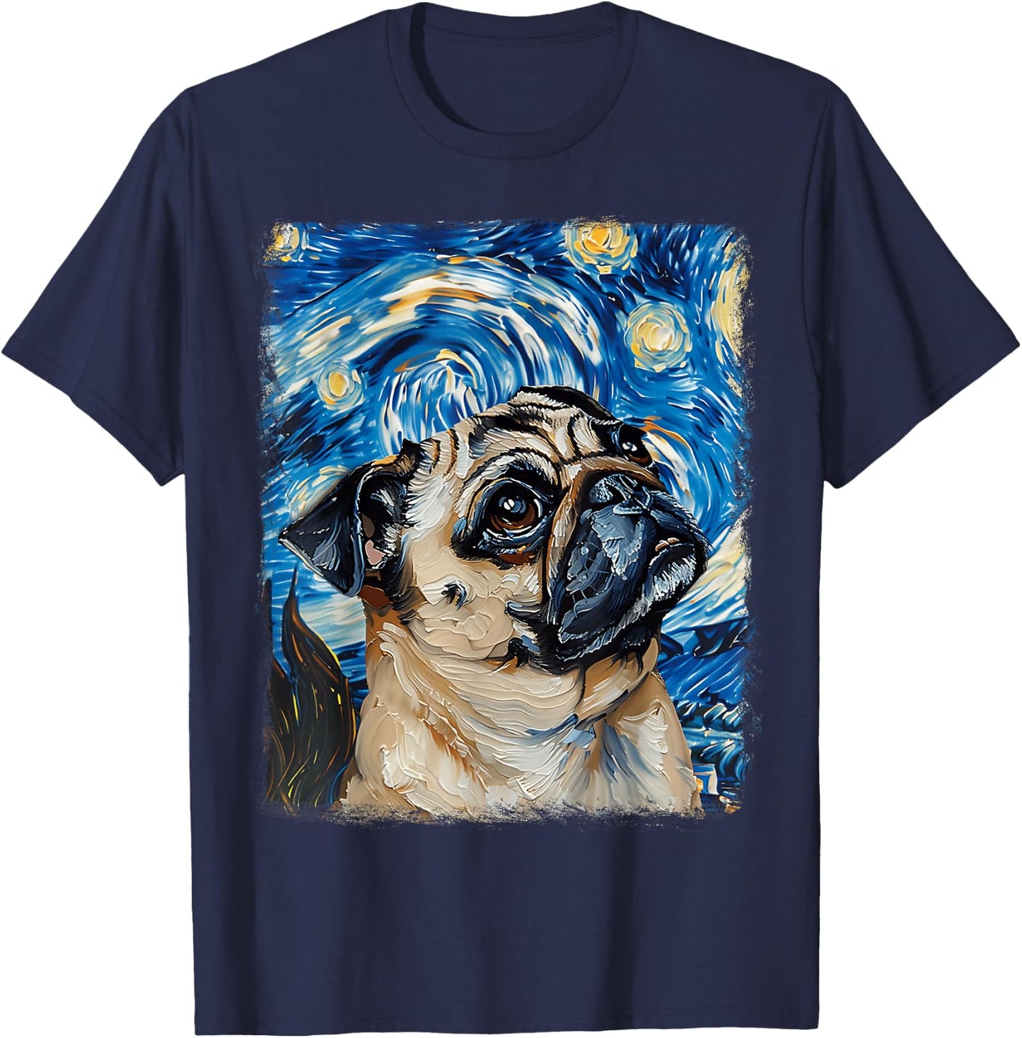 Pug Dog Starry Night Painting T-Shirt - T-Shirt | Navy