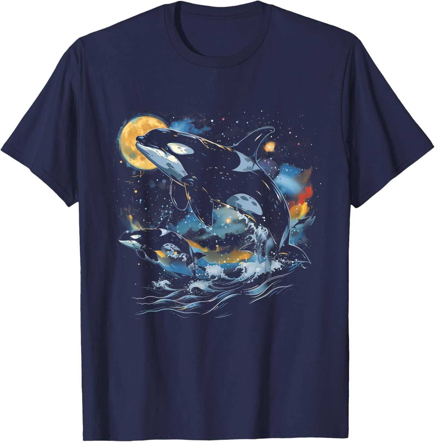 Orca In Space, Planets, Stars, Wall Lovers T-Shirt - T-Shirt | Navy