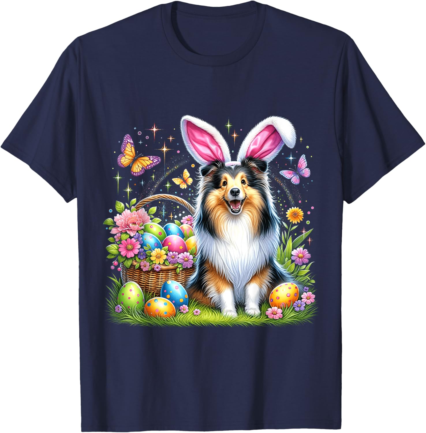 Cute Bunny Shetland Sheepdog Dog Easter Eggs Basket Party T-Shirt - T-Shirt | Navy