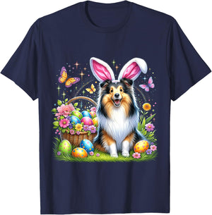 Cute Bunny Shetland Sheepdog Dog Easter Eggs Basket Party T-Shirt - T-Shirt | Navy