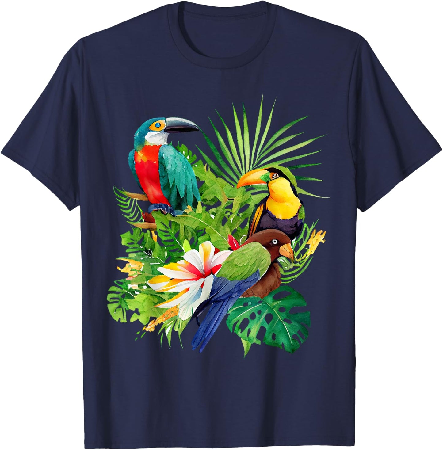 Tropical Bird Rainforest Jungle Green Flowers , black T-Shirt - T-Shirt | Navy